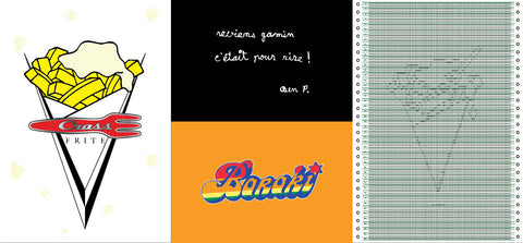 4 cartes postales, série "Crass Frite / Ben P. / Baraki / Code bintjenaire", par Sébastien Simonow